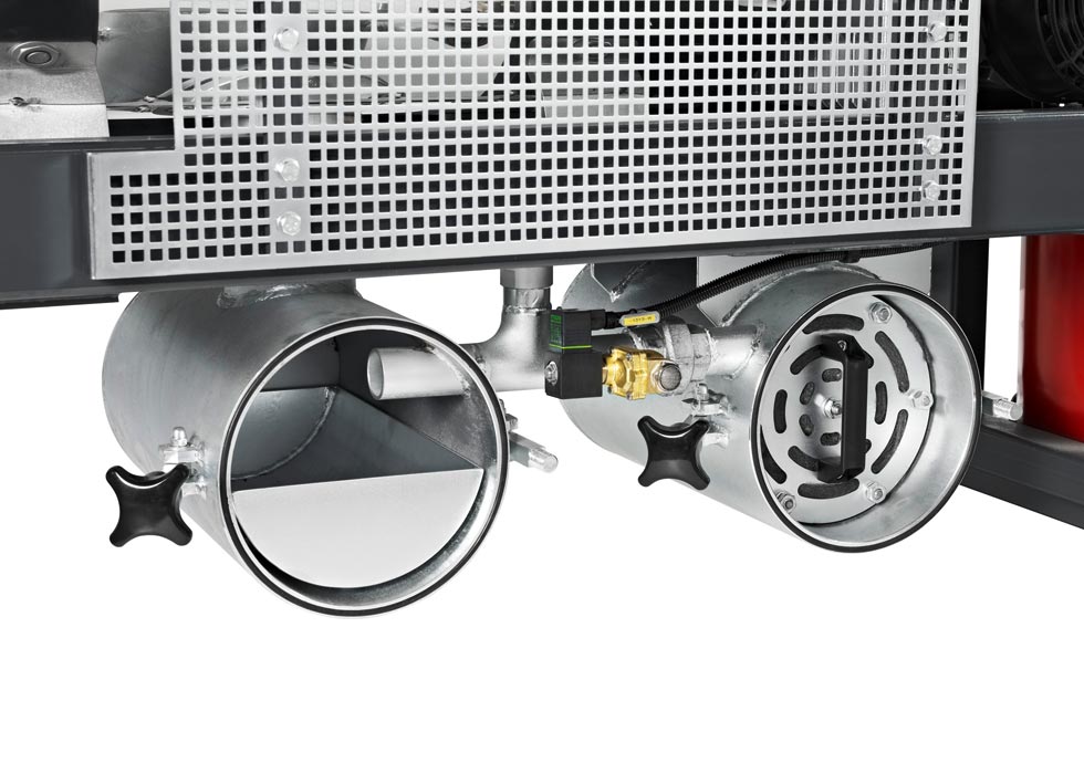 collecting tray for plastic residues on the left and cartridge filter for exhaust gases on the right